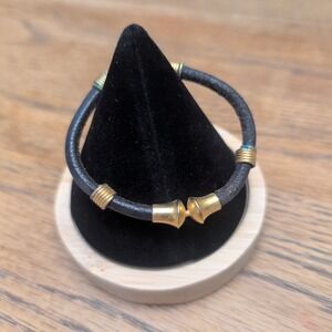Vintage Leather Cord Bracelet Gold Tone Hardware Minimalist Boho Unisex Black